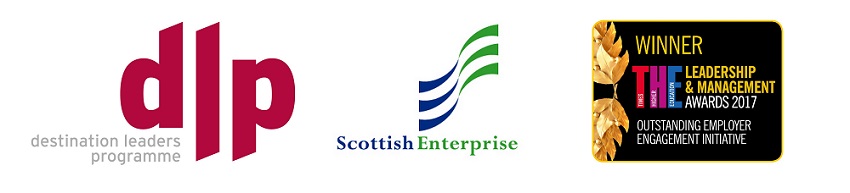 Series of logos, including Times Higher Education (THE Leadership and Management winner); Destination Leaders Programme and Scottish Enterprise