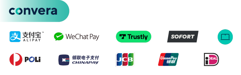 List of payment logos: Alipay, WeChat Pay, Trustly, Sofort, Poli, Chinapay, JCB, UnionPay and Deal