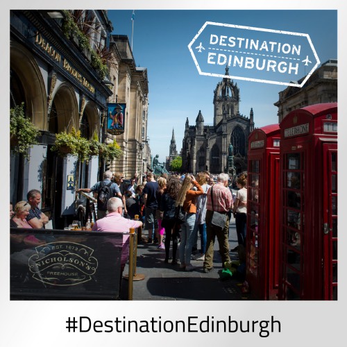 Destination Edinburgh graphic featuring the city's Royal Mile