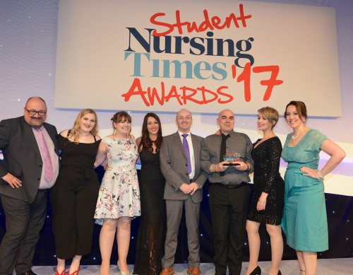 A group of people on stage at the Student Nursing Times Awards 2017