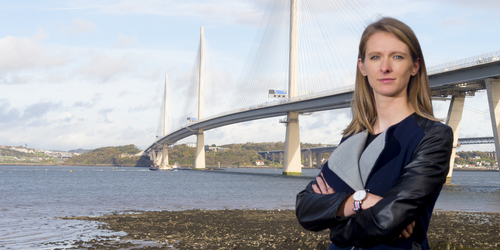 Civil Engineering alumni Emily Alfred at the Queensferry Crossing bridge which she worked on.