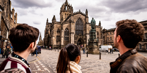 Students looking at st giles cathedral on the royal mile