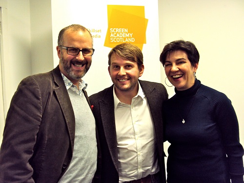 Three people smiling for the camera at the Screen Academy Scotland  event