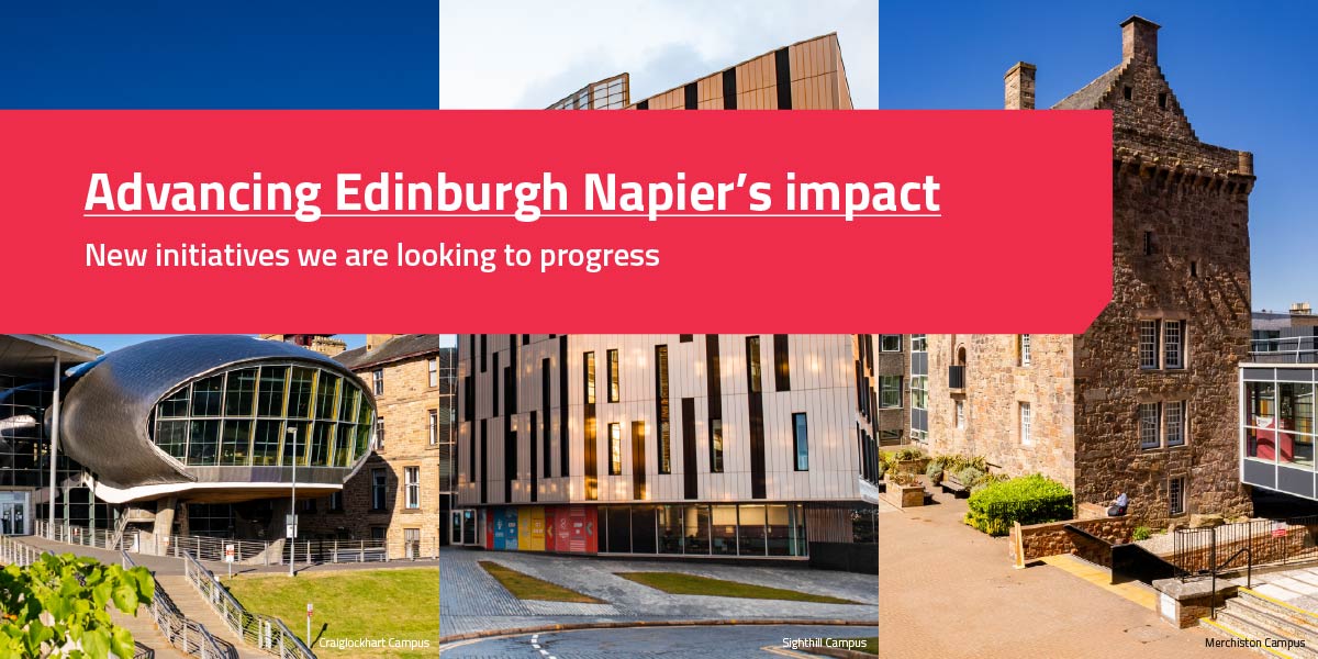 Edinburgh Napier's impact text visible against red block that sits on top of three images displaying the three campuses of Craiglockhart, Sighthill and Merchiston 