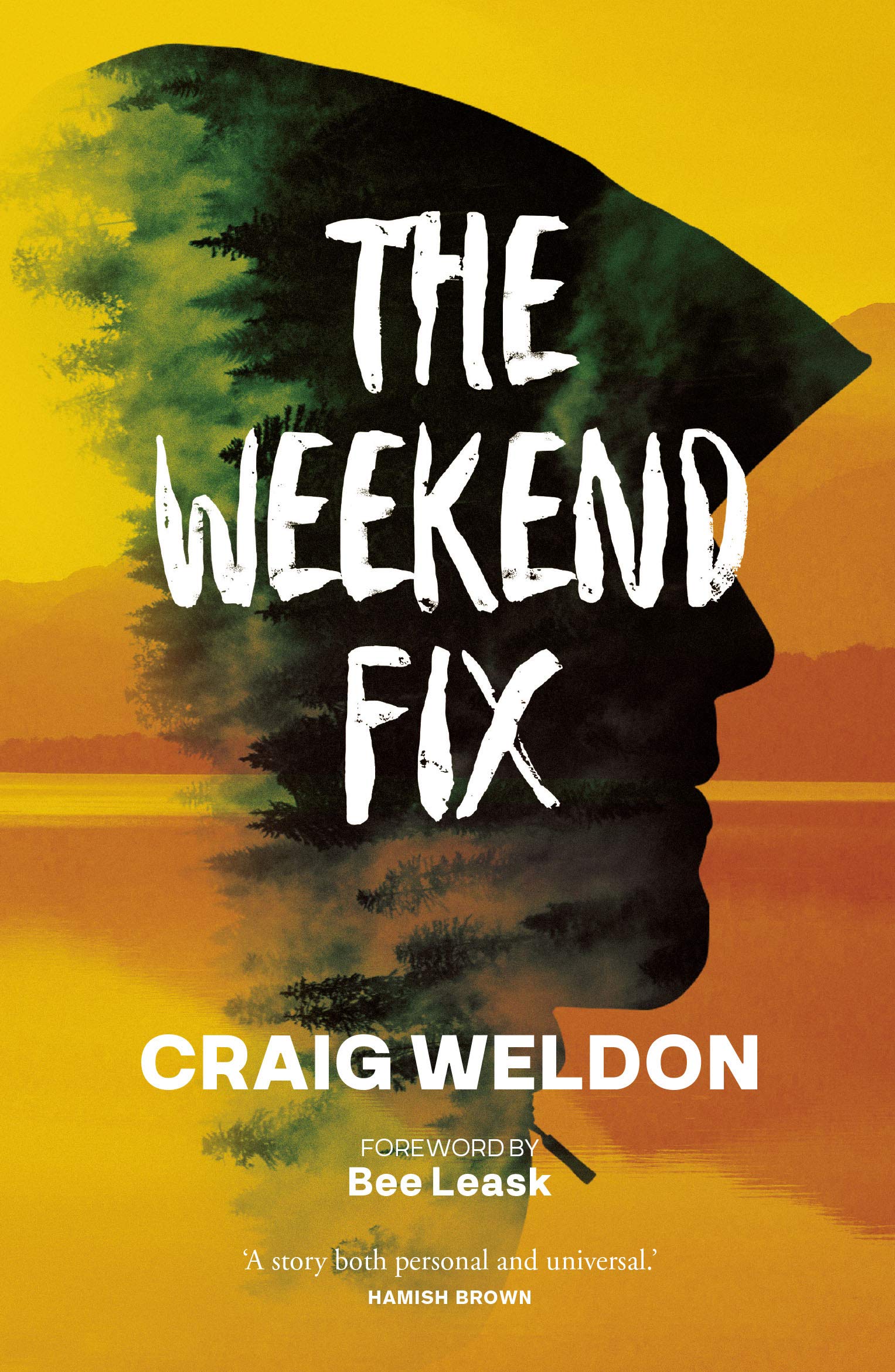 Book Cover: 'The Weekend Fix' written in text. Orange background with a silhouette of a face behind text.  