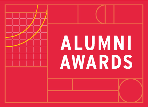 Alumni Awards written on a red patterned background 