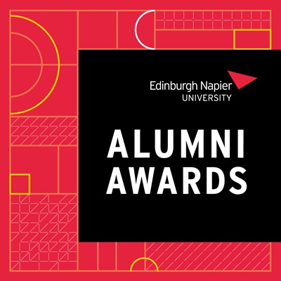 Alumni Awards written in white letters contained in a black box, against a red patterned background 