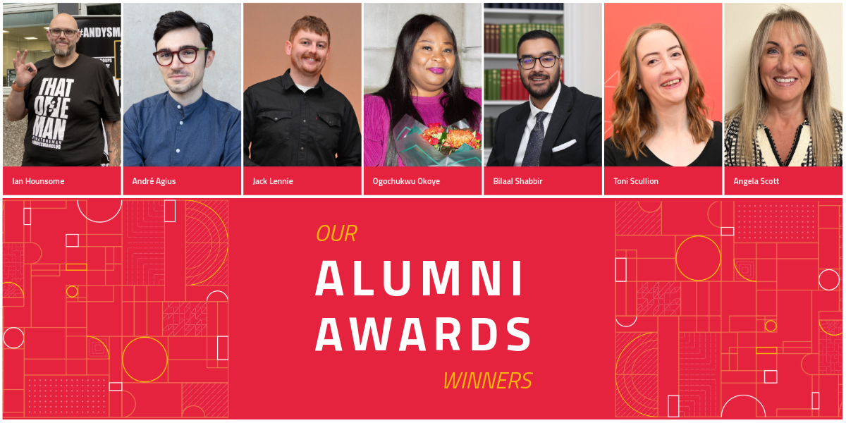 Small portrait photographs of alumni winners, alumni graphic background