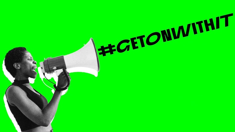 Woman with megaphone against bright green background with the text #GetOnWithIt