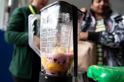 A blender on the smoothie bike at the Sustainable Travel Fair