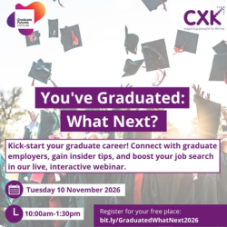 Graphic promoting the “You’ve Graduated: What Next?” webinar, featuring graduation caps and career advice for recent graduates