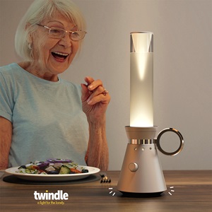 Promo graphic for Twindle featuring woman eating meal and talking into lamp