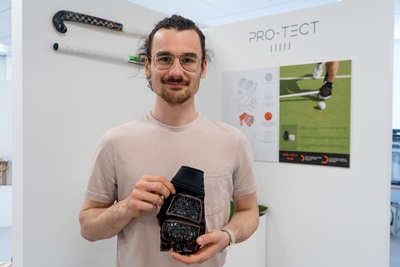 Product Design student Matt Taylor with his Degree Show project, Pro-Tect hockey glove