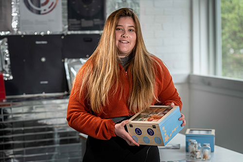 Student Christy Orr with her Forget Me Not Box at Merchiston Campus