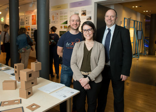 Professor Robert Hairstans, Head of the Centre for Offsite Construction + Innovative Structures within Edinburgh Napier's Institute for Sustainable Construction, research assistant Carola Calcagno, and Scottish Forestry&rsquo;s Andy Leitch at BeX exhibition.