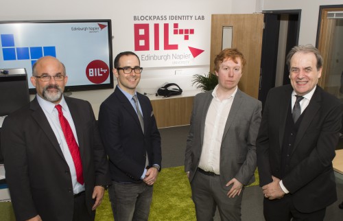 Hans Lombardo (Blockpass CMO), Adam Vaziri (Blockpass CEO), Liam Bell (university researcher) and Professor Bill Buchanan (Lab Director) at the launch of the Blockpass Identity Lab on September 26.