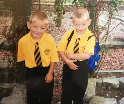 Twins Connor and Callum Clark at Primary School, left/right unknown, even to them