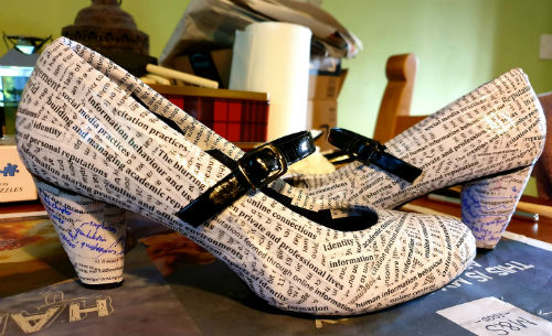 Frances Ryan's customised shoes, decorated with her PhD thesis