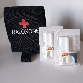 Close-up of pouch and naloxone nasal spray