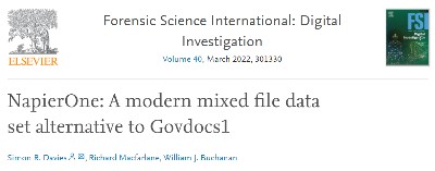 Close up of the journal name and title of the NapierOne research paper; a modern mixed file data set alternative to Govdocs1