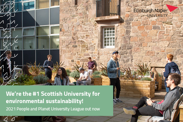 People and Planet rating in a caption over a photo of students relaxing outside at Merchiston campus