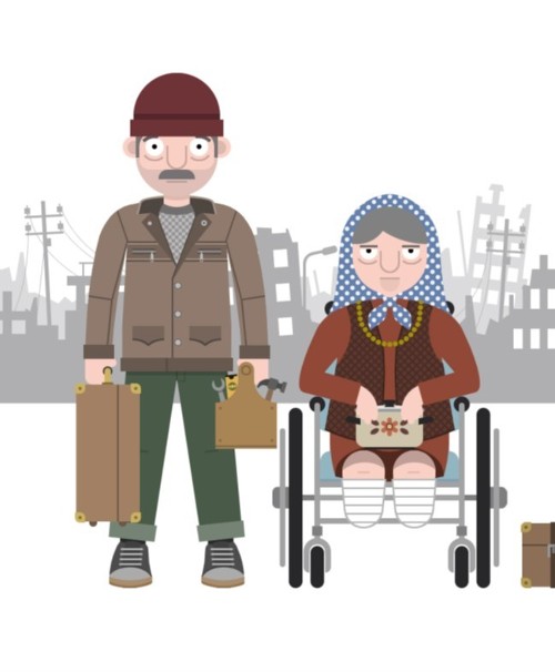 Cartoon of woman in wheelchair with male companion against a backdrop of damaged buildings