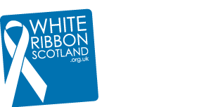 Vertical saltire shaped White Ribbon logo, white on a blue background