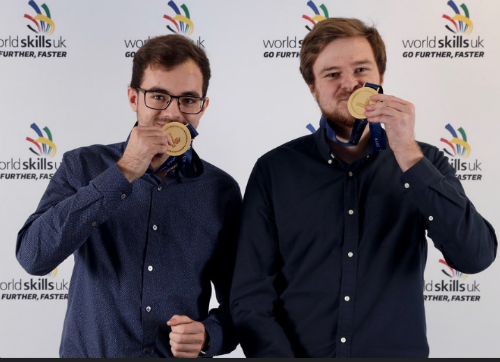 Jamie Fisher and Peter Hawker with gold medals at WorldSkills UK