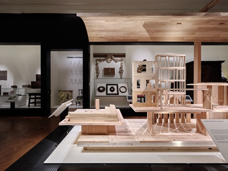 A display table at the timber exhibition in the V&A museum