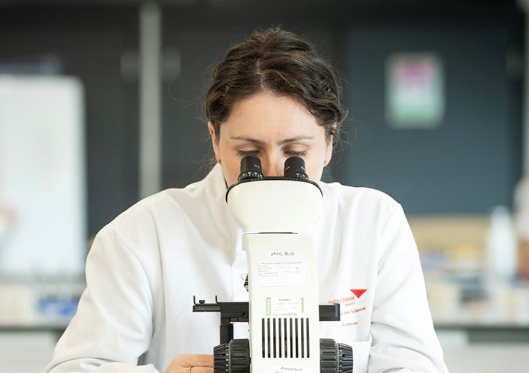 A person looking through a microscope.