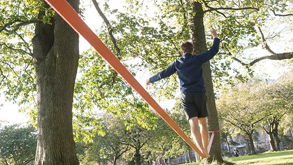 a student with their back to us walking on a tightrope between trees