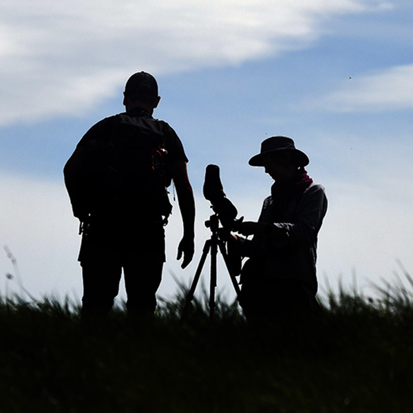 Two scientists silhouetted against a bright daytime sky, operating a telescope