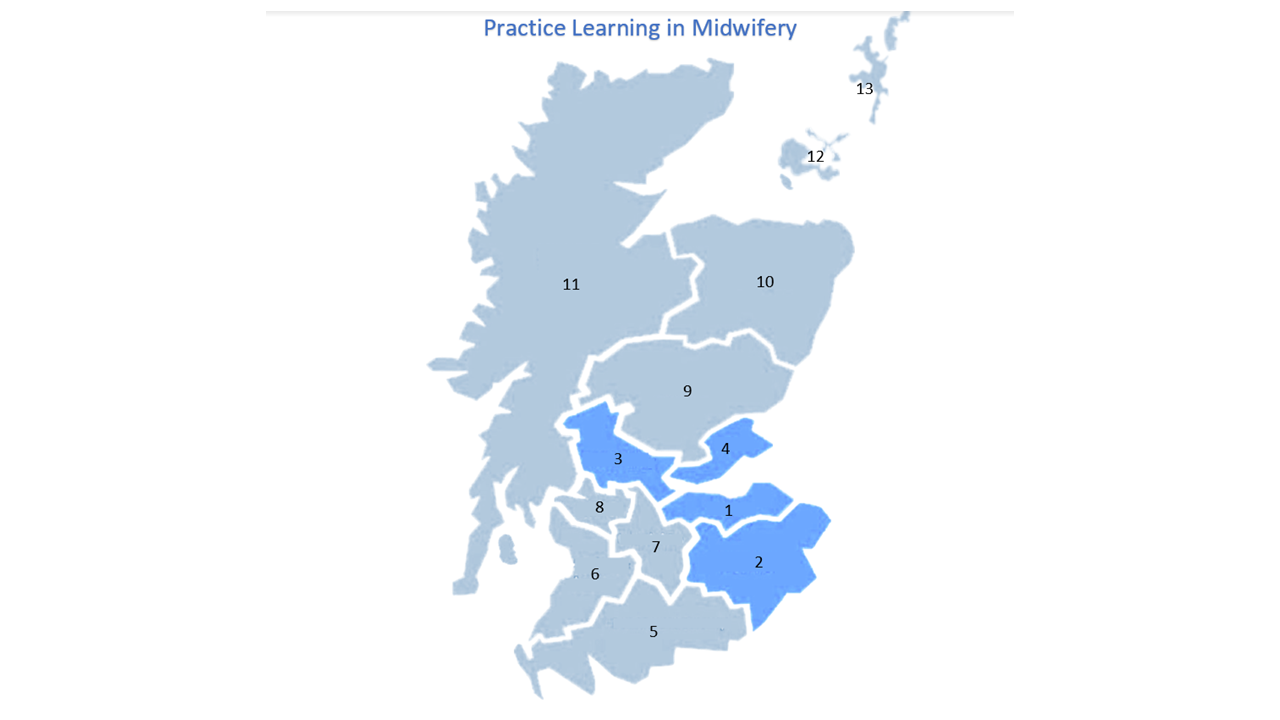 Midwifery placement map showing placements in the NHS Trusts for Lothian, Borders, Fife, and Forth Valley