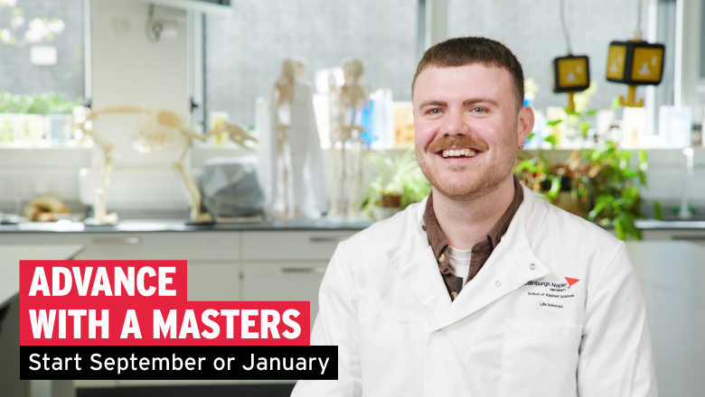 Smiling student in a white lab coat in a biosciences lab. Text reads - advance with a masters. Start September or January