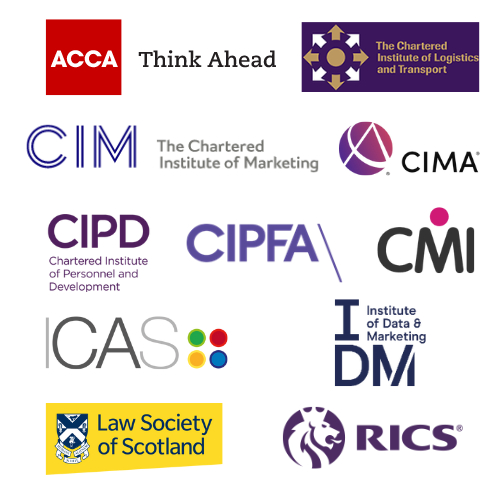 Logos of all industry and professional bodies that accredit our courses at the Business School.