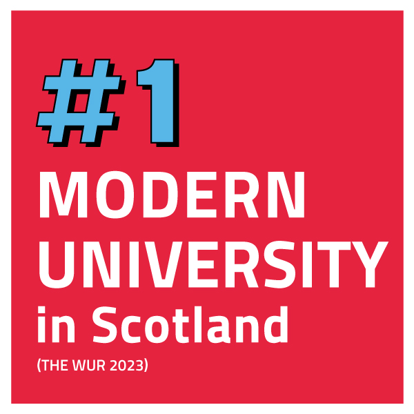 Number 1 modern university in Scotland (THE WUR 2023) on a red background.