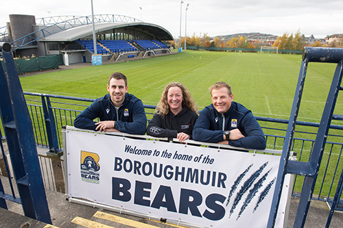 Boroughmuir Bears captain Chris Laidlaw, Edinburgh Napier’s Dr Susan Brown and Boroughmuir Bears Head Coach Graham Shiel. 