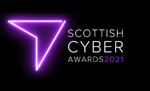 Purple and white arrow logo on black background for Scottish Cyber Awards 2021